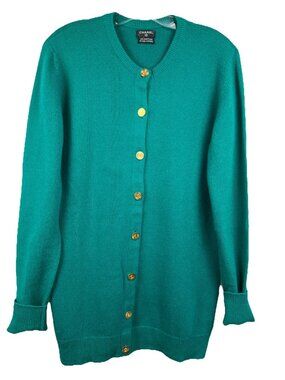 S M Vintage Chanel Teal Cashmere Cardigan Tunic Logo Buttons